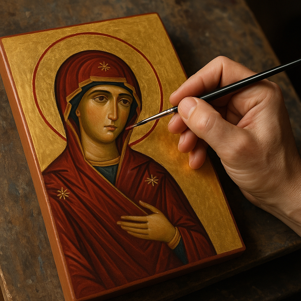 Lavorazione di icona sacra: pennello su tavola dorata su tavola dorata
